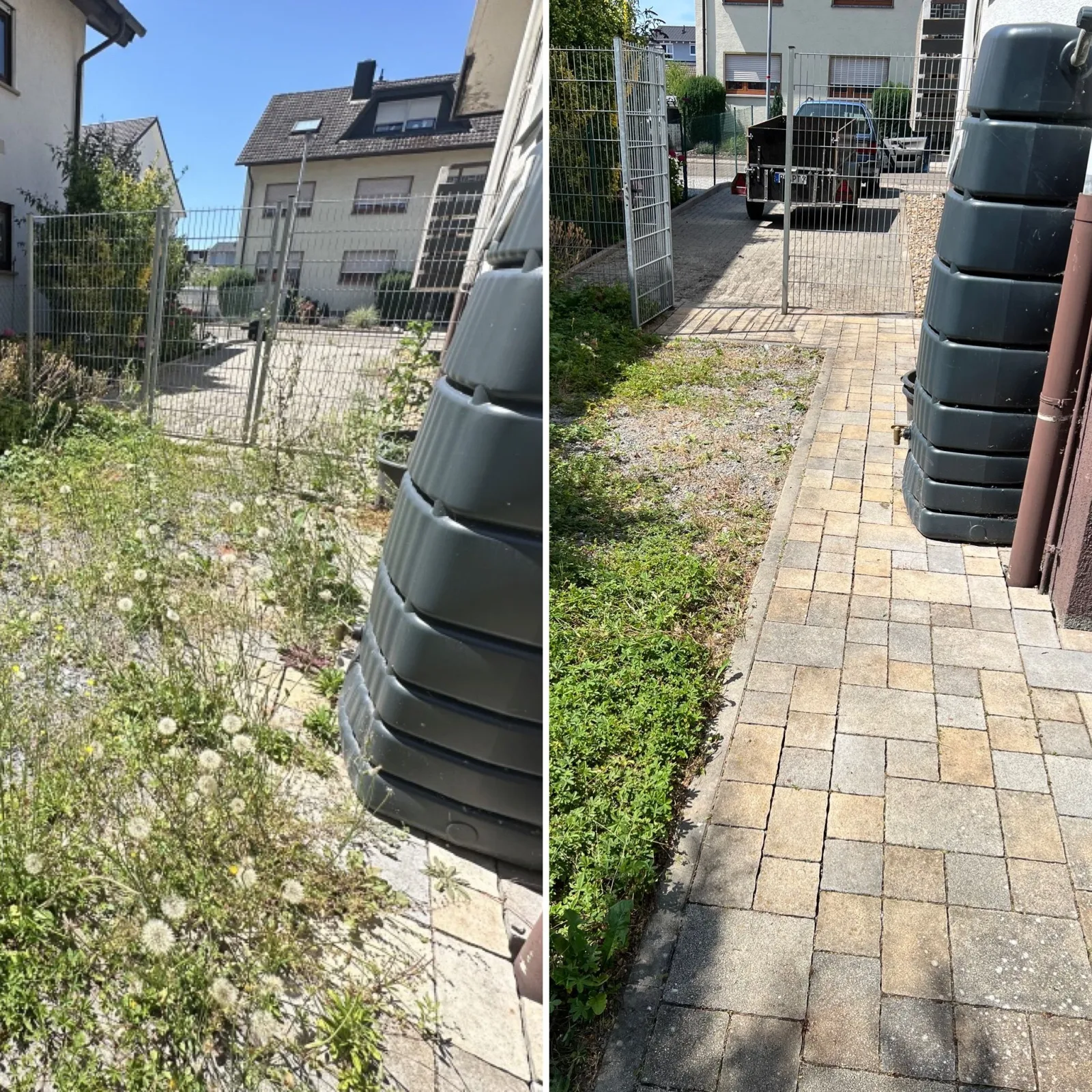 Pflasterweg von Unkraut befreit